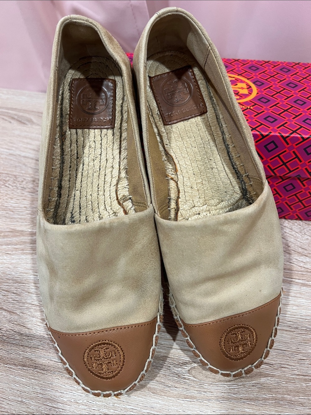 Tory Burch Beige Canvas Espadrille Flats with Brown Leather Toe Cap - Picture 2 of 5